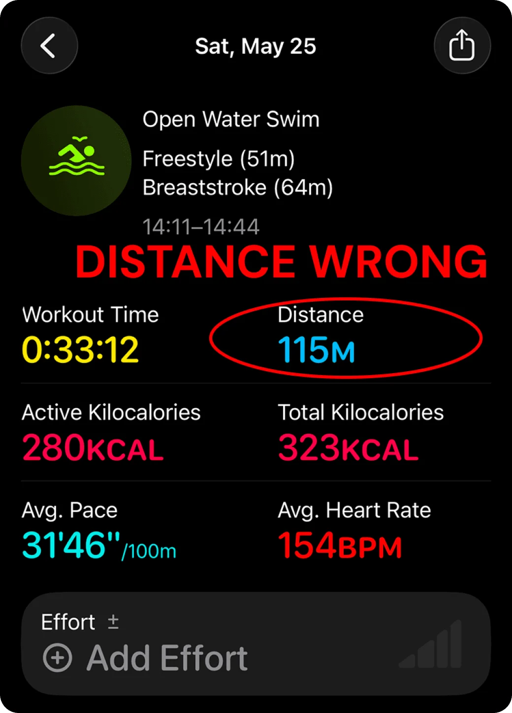 Apple-Watch-Freiwasserschwimmen vor der Distanzkorrektur: 115 m aufgezeichnet