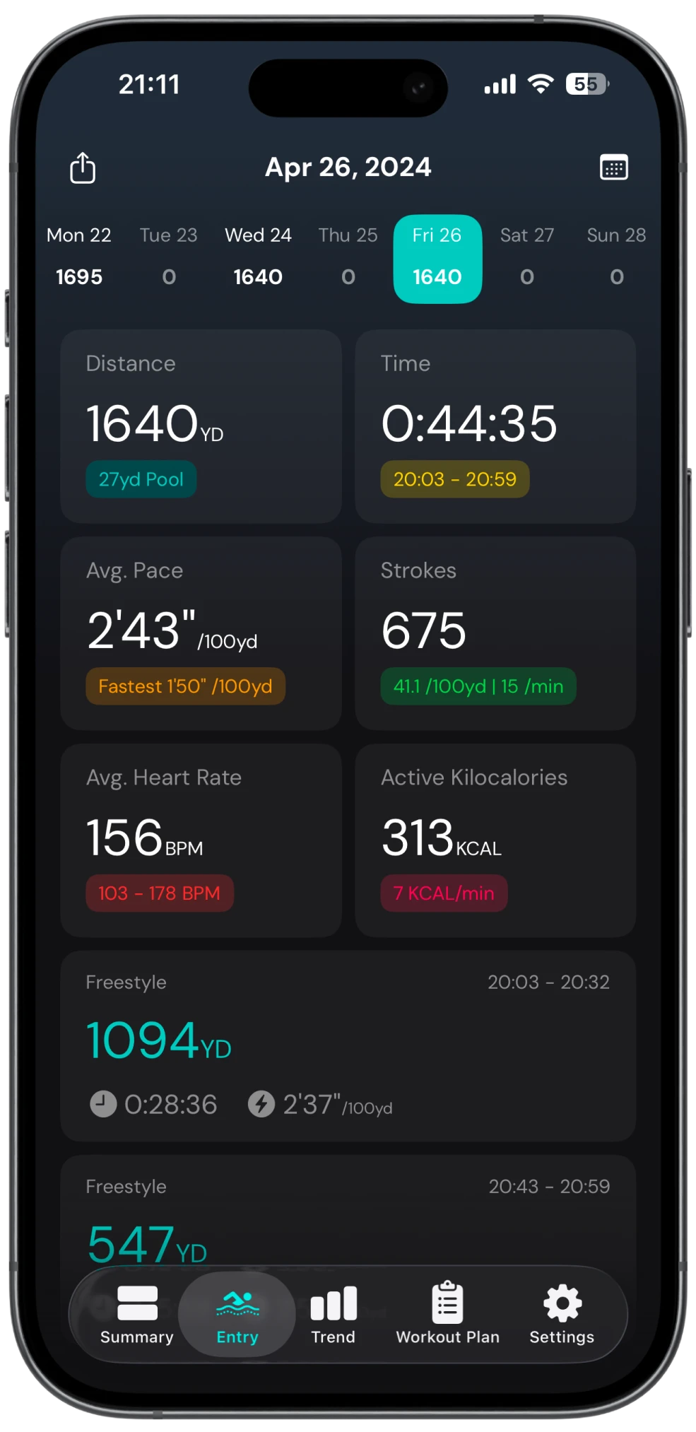 SwimNow — Aktuelle Zusammenfassung. Sehen Sie Ihre mit der Apple Watch aufgezeichneten Schwimmeinheiten schnell im Überblick.