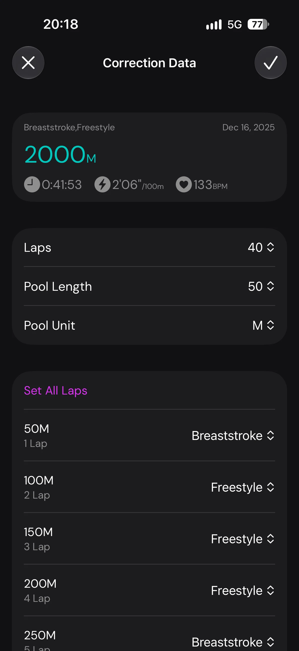 SwimNow 資料校正畫面顯示 2000 M、Laps 40、Pool Length 50、Pool Unit M，以及各趟的蛙式和自由式設定